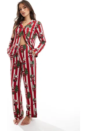 Chelsea Peers Poly Christmas His & Hers long sleeve revere and trouser pyjama set in vintage santa stripe print