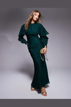 ASOS Long sleeve ruffle bias maxi dress with cape detail in floral jacquard in jewel