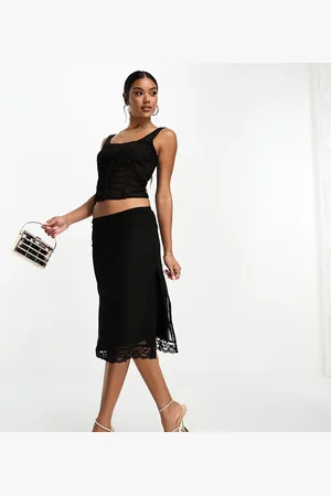 ASOS Mesh midi skirt with lace hem detail in