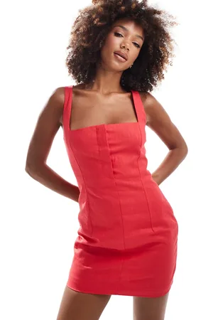 Kaiia Exclusive tailored square neck sleeveless linen blend mini dress in