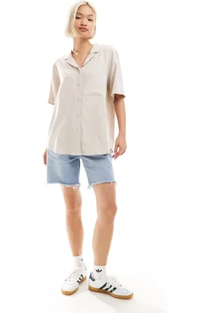 Weekday Mira linen mix short sleeve blouse in off