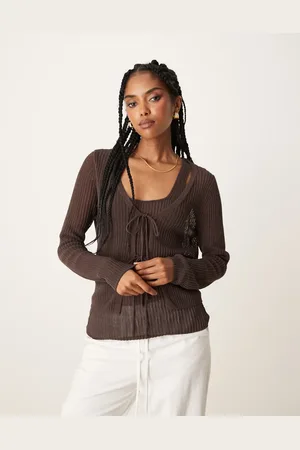 MANGO Tie front lightweight cardigan in chocolate