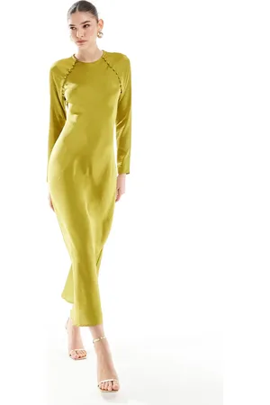 ASOS Satin biased maxi dress with button detail in chartreuse