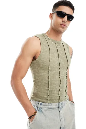 ASOS Muscle fit textured vest in khaki with seam detail