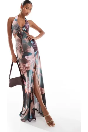 ASOS Halter maxi dress with cut out detail in black floral