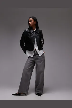 MANGO Leather boxy jacket in black