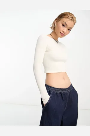 Stradivarius STR slash neck open back seamless top in ecru