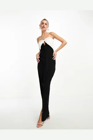 Vesper Bengaline contrast halterneck maxi dress in black and