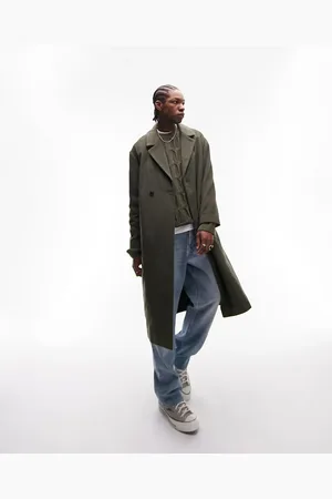 Topman Oversized belted wool coat in khaki