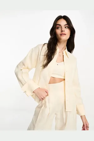 & OTHER STORIES Co-ord linen raw edge shirt with pearl detail in off