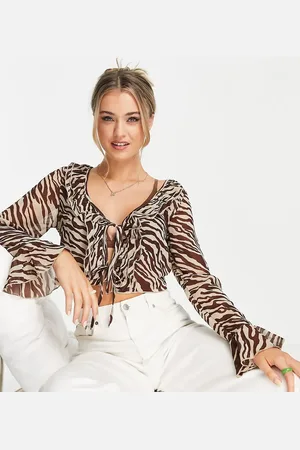 Stradivarius Ruffle sleeve blouse in rust zebra print