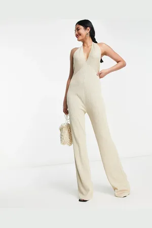 & OTHER STORIES V neck glitter jumpsuit in beige