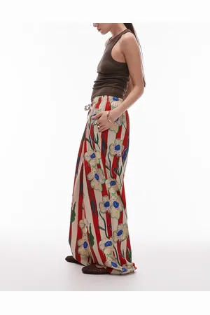 Topshop Linen balloon red stripe floral stripe trouser