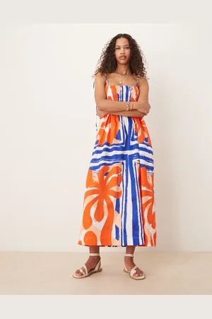 ASOS Shirred bust cotton sateen maxi dress in red and blue abstract print