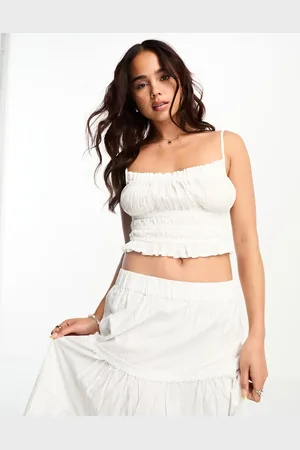 Stradivarius Textured ruched cami top in natural