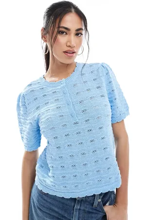 VERO MODA Short sleeved crochet top with buttons in light