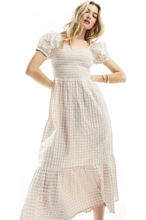 Esmée Esmee ruched puff sleeve gingham maxi beach dress in beige and white