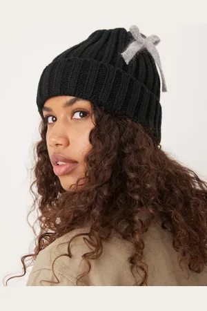 My Accessories Ribbed beanie with detachable grey bows in black