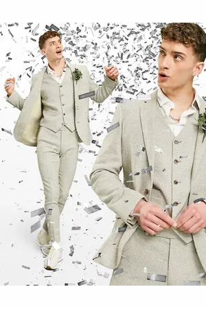 ASOS Wedding super skinny wool mix suit jacket in stone puppytooth