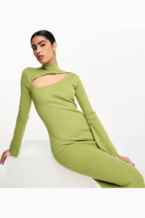 Pretty Lavish High neck split knitted midaxi dress in olive