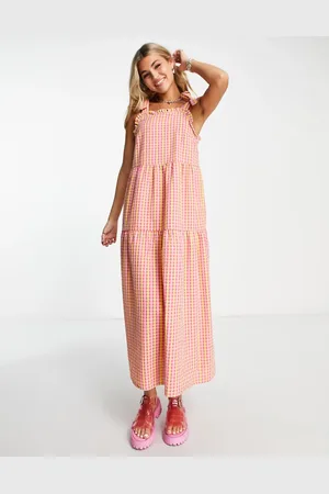 Noisy May Tie shoulder tiered maxi dress in pink & yellow gingham