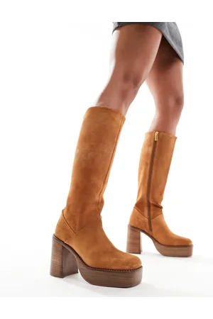 ASOS Cece suede platform knee boots in tan
