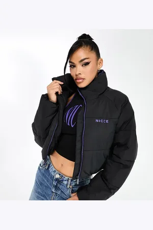 Nicce London Alia cropped puffer jacket in black with purple trim