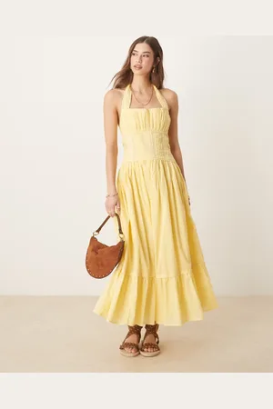 ASOS Halter neck lace prairie dress with pintucks in lemon