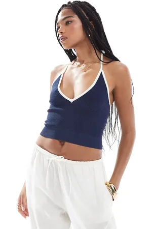 Bershka Halterneck contrast trim knit top in navy and