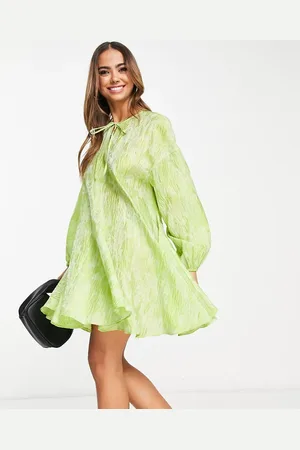 Glamorous Tie neck pleated swing smock dress in lime organza