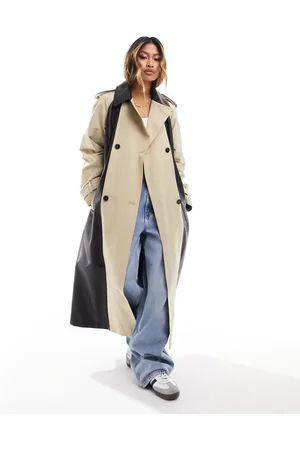ASOS Faux leather spliced trench coat in stone and