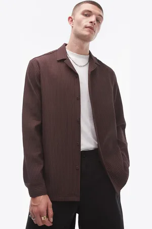 Topman Long sleeve regular fit revere plisse shirt in plum
