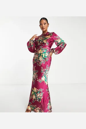 ASOS ASOS DESIGN Petite high neck bias cut maxi dress with large floral print in burgundy