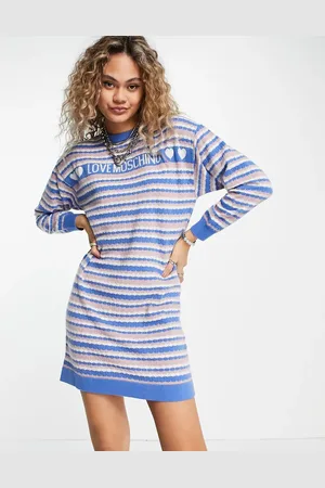 Moschino Striped logo knit dress in camel multi
