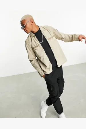 HUGO BOSS Lebold oversized zip through shirt in beige