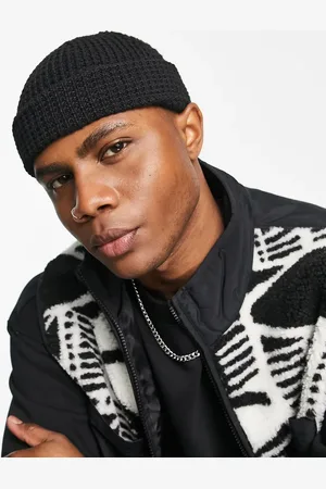 ASOS Mini fisherman ribbed beanie in black waffle knit
