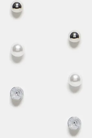Pieces® 3 pack pearl & diamante stud earrings in silver & white