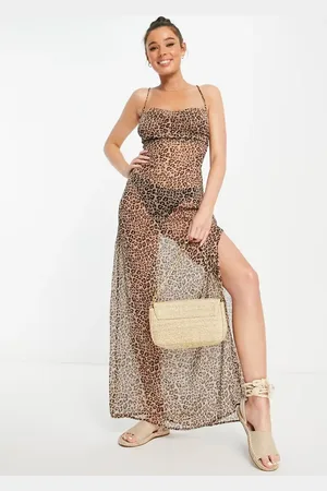 Brave Soul Beach maxi dress with cowl neck and cross tie back in leopard print