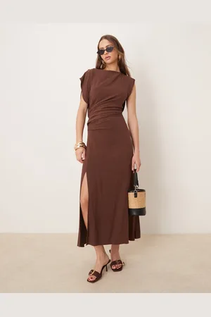 ASOS Linen open back draped waist midi dress in chocolate