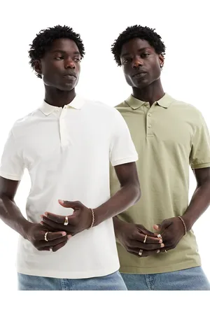 ASOS 2 pack pique polos in ecru and khaki