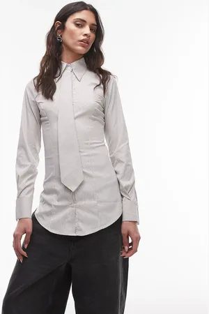 ASOS Cinch waist shirt with tie in beige stripe