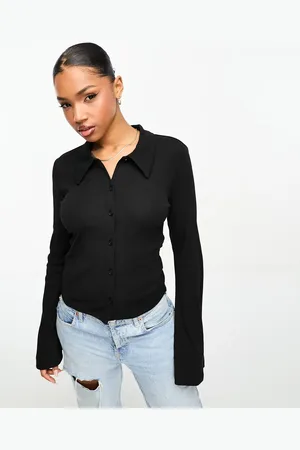 Monki Long sleeve ribbed collar top with button detail in