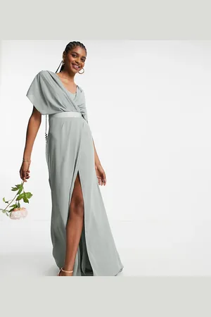ASOS ASOS DESIGN Tall Bridesmaid short sleeved cowl front maxi dress with button back detail in olive