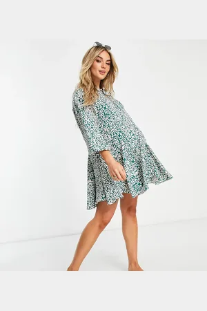 Glamorous Glamorous Maternity tie neck tiered smock mini dress in teal leopard