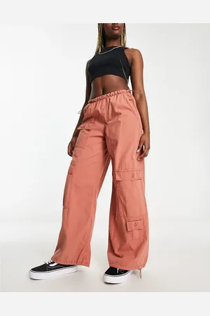 Bershka Drawstring waist multipocket cargo parachute trouser in camel
