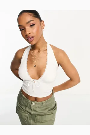 Pull&Bear Lace trim halterneck top in