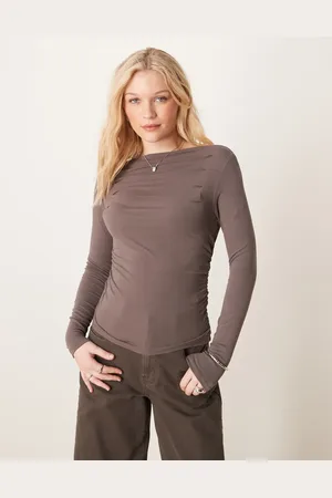 Gina Tricot Long sleeve boat neck ruched top in light brown