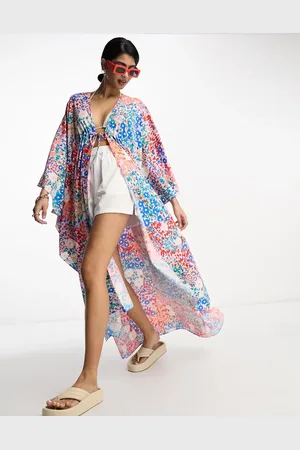 VILA Maxi beach kaftan in blue mixed floral