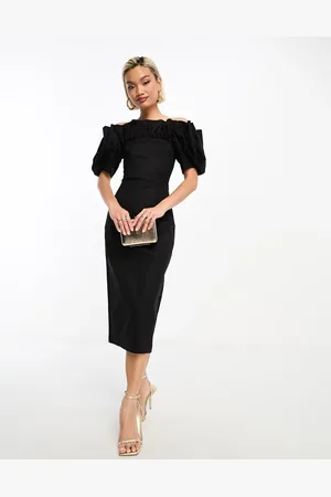& OTHER STORIES Corseted stretch midi dress with ruffle and volume sleeves in