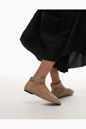 & OTHER STORIES Studded suede leather ballet flats with ankle strap in light beige